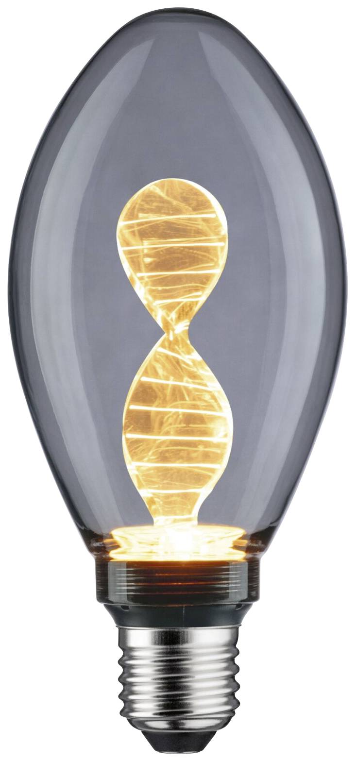 En dekorativ glödlampa med spiralformad glödtråd som avger ett varmt ljus.