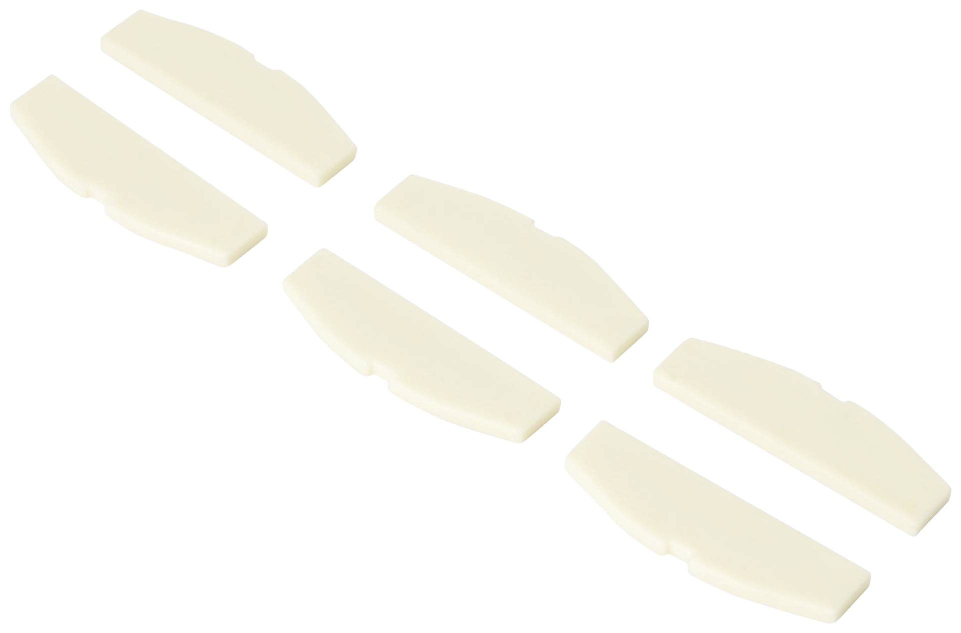 Sex krämfärgade plastdelar, placerade bredvid varandra i två rader om tre delar vardera.