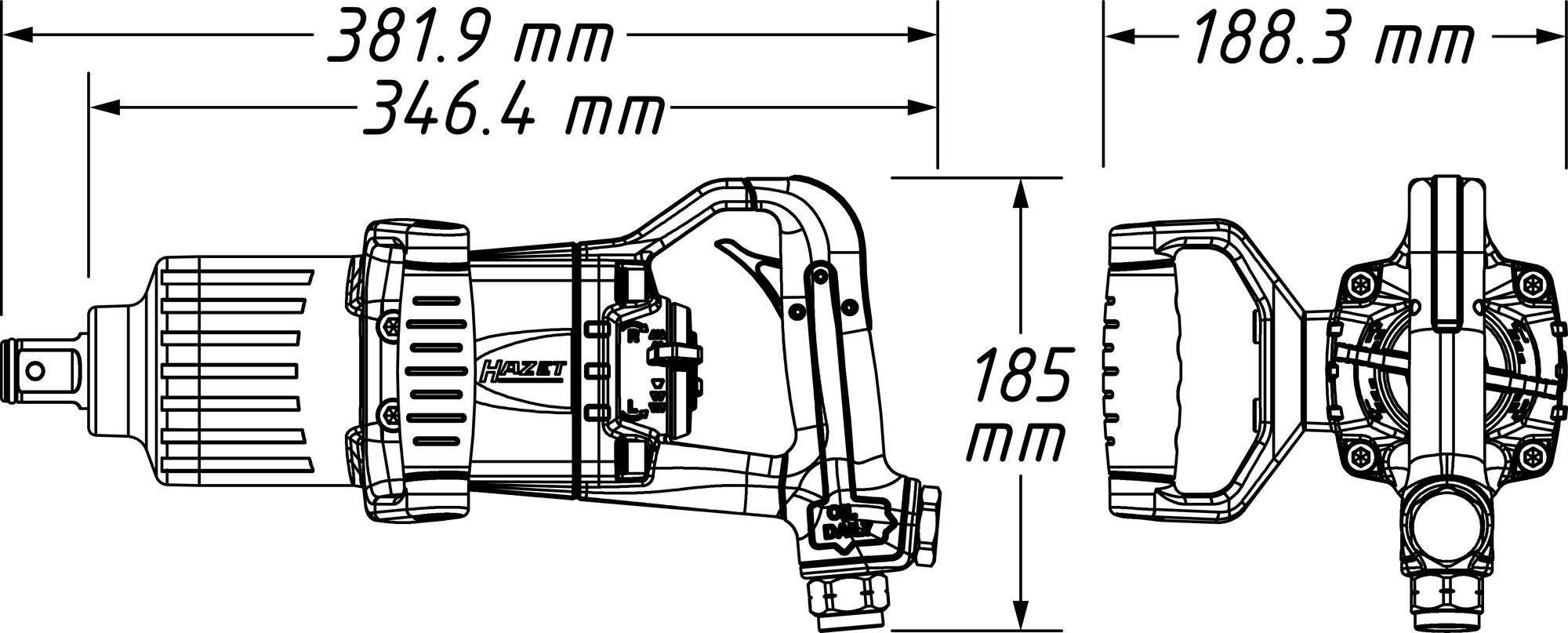 Teknisk ritning av en hylsnyckel med mått: Längd 381,9 mm, bredd 346,4 mm, höjd 185 mm. Betecknad tillverkare och andra detaljer.