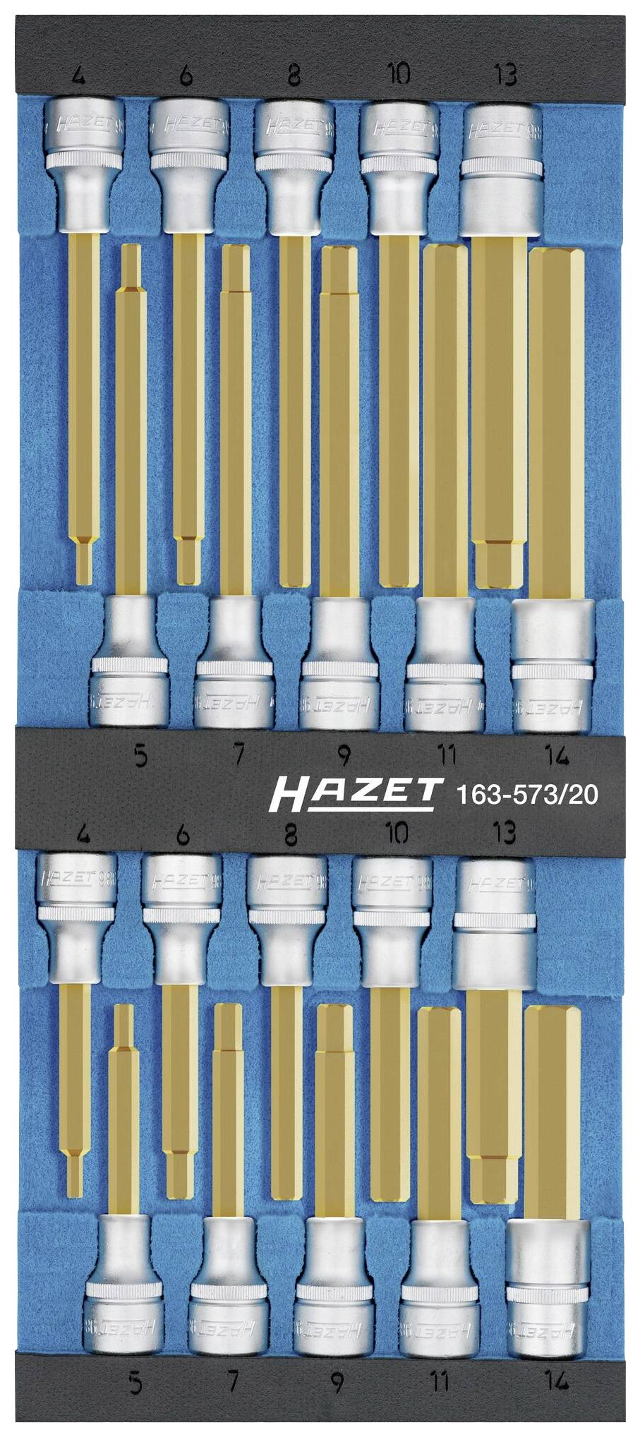 HAZET bitssats med 20 guld- och silverbitsar i ett blått fodral, numrerade från 4 till 14.