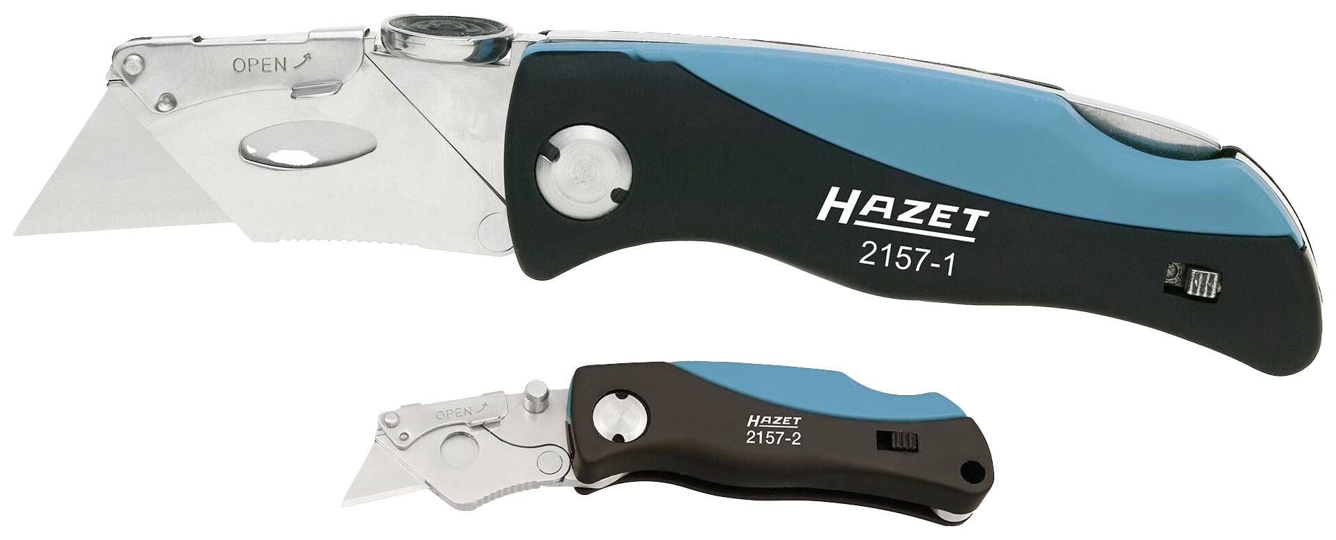 Ett fällbart kniv med utbytbart blad från märket Hazet, modellnummer 2157-1, tillverkad av metall och plast i blått och svart.