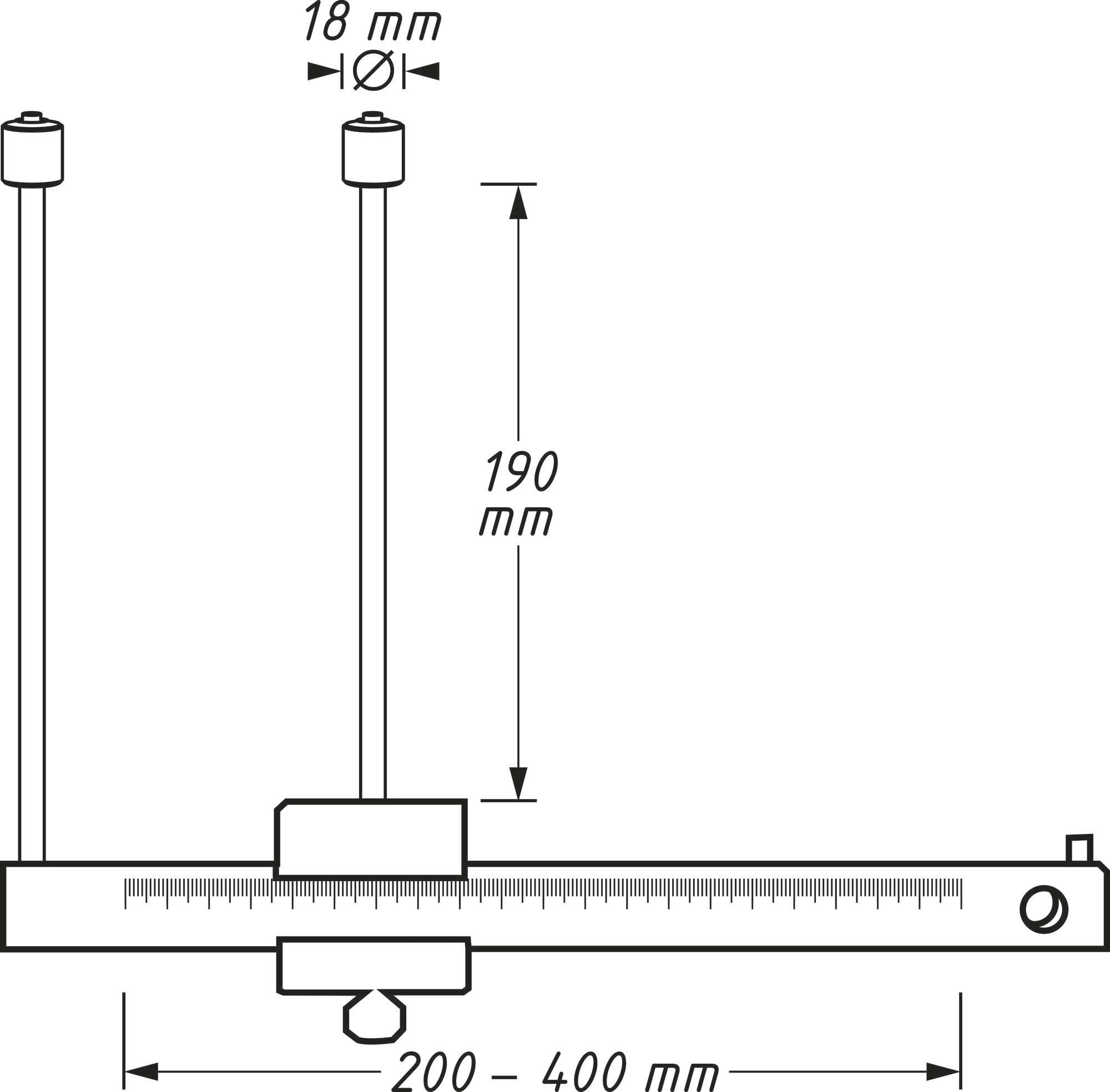 Teknisk ritning av en längdmätningsanordning med en förskjutbar skala från 200 till 400 mm och en vertikal mätskala på 190 mm.