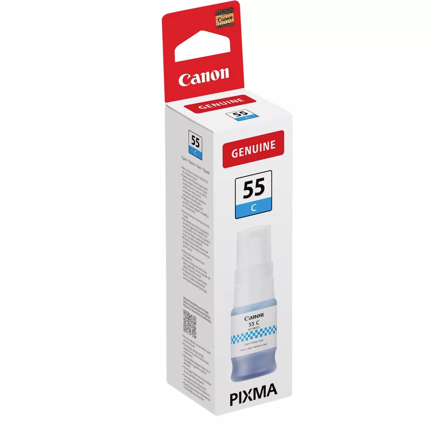 Canon skrivartintflaska, modell 55, färg Cyan, förpackad i vit låda med röd tryckt text 'GENUINE'; lämplig för PIXMA-skrivare.