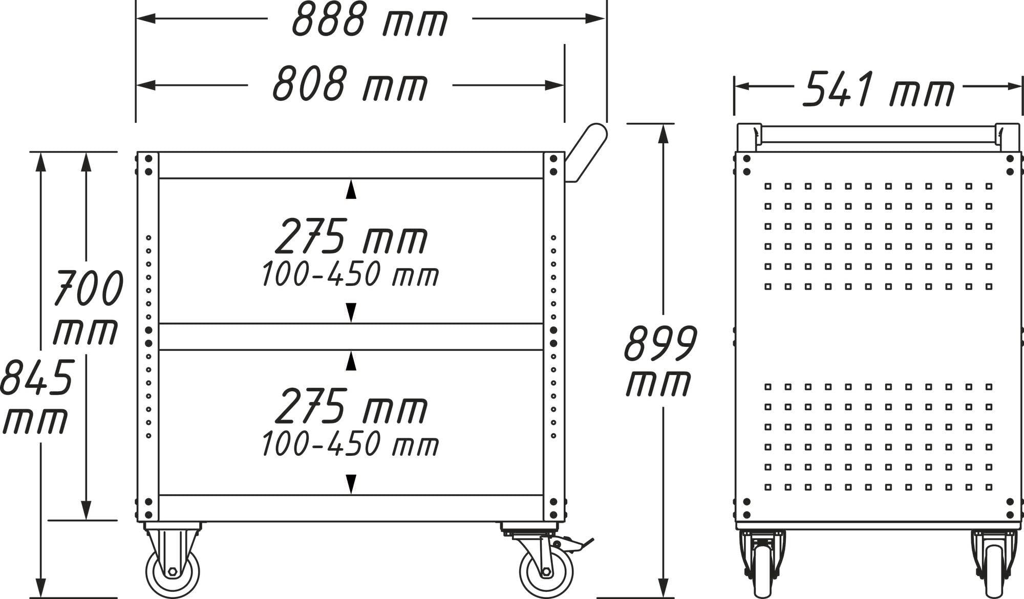 Teknisk ritning av en mobil vagn med mått: 888 mm bredd, 808 mm djup och 899 mm höjd. Två plan med variabel höjd från 100-450 mm.