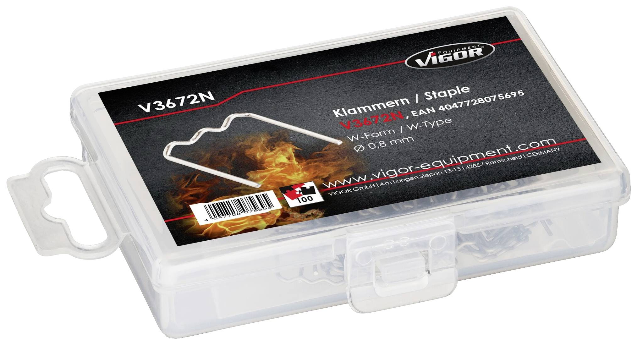 En transparent låda med V-formade klamrar från märket Vigor, modell V3672N. På etiketten visas flammor och produktdetaljer.