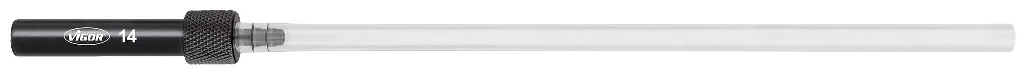 En svart cylinder med handtag och en lång, transparent stång, sannolikt ett verktyg eller instrument.