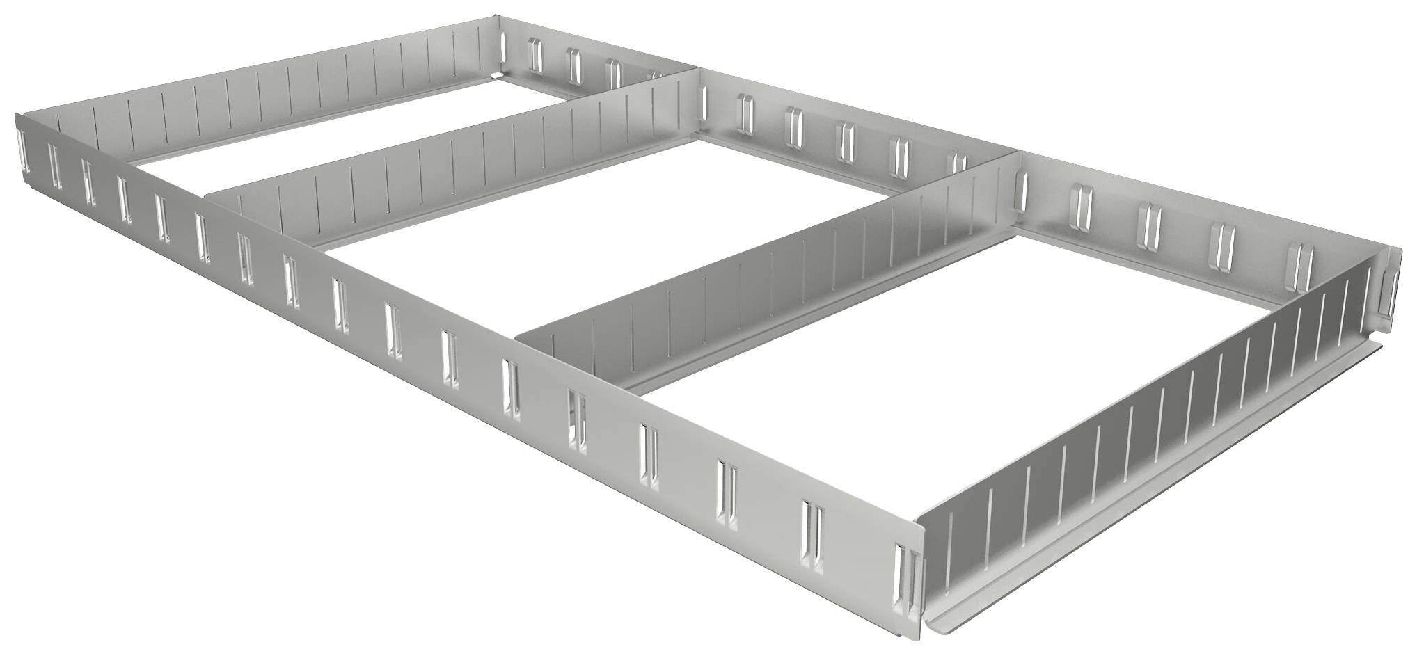 Metallram med flera tvärgående förstärkningar, lämplig för konstruktion eller stöd för strukturer. Blank, silver yta.