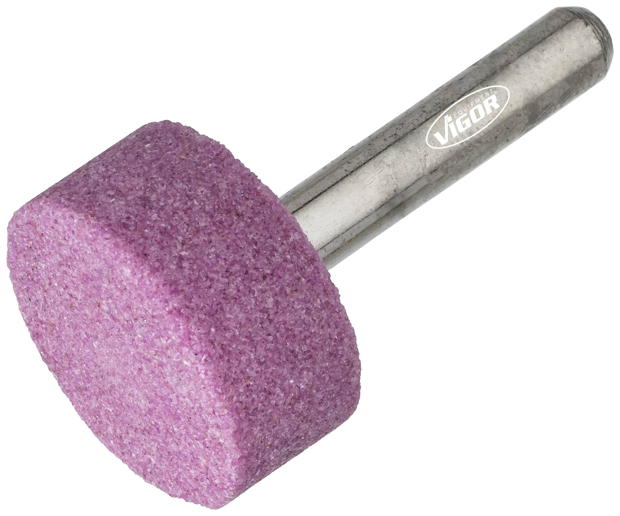 En cylindrisk, rosa slipsten med metallstift, märkt med 'VIGOR', använd för slipning eller polering av ytor.
