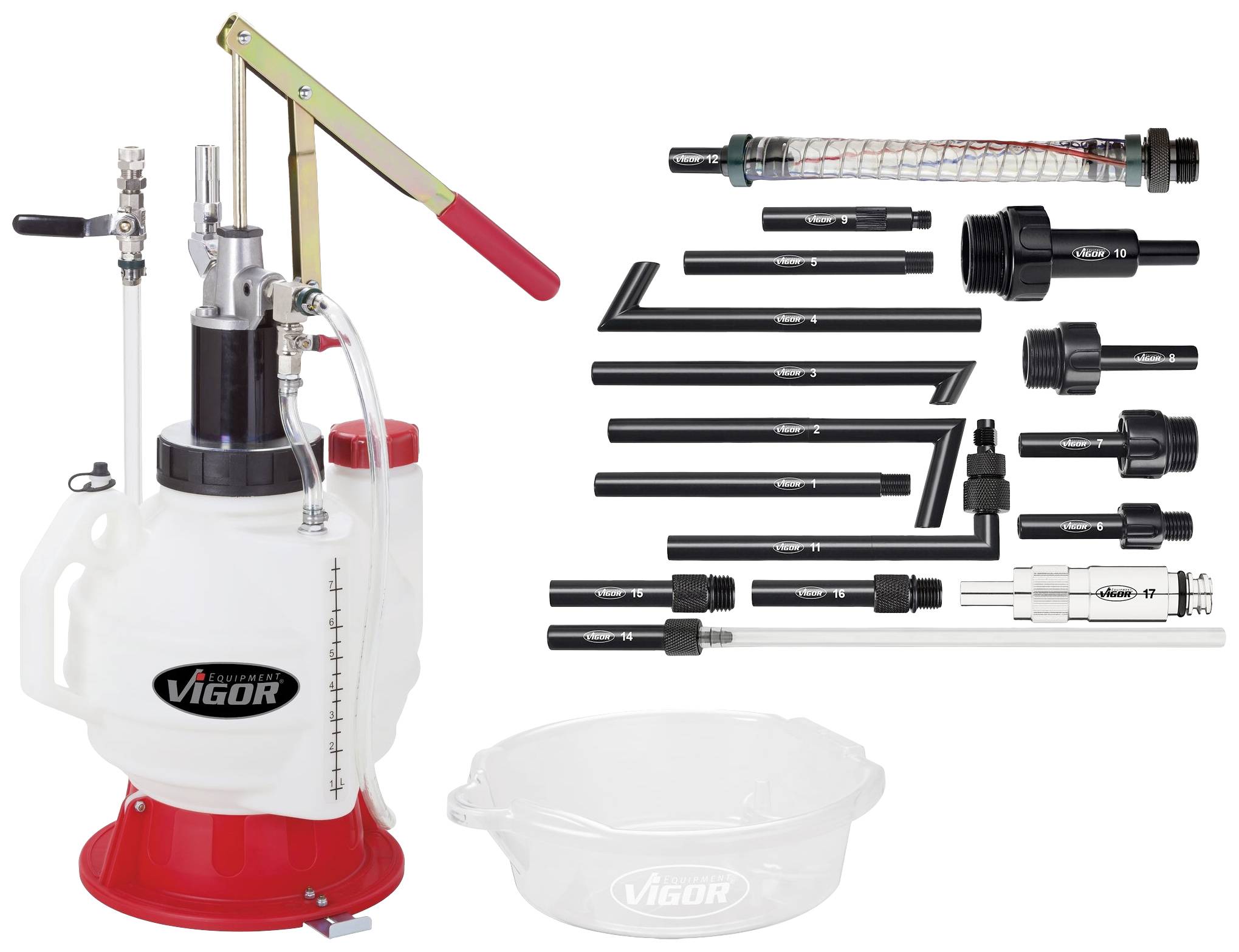 Manuell oljepump med genomskinlig behållare och metallspak. Till höger visas olika tillbehör och en flexibel slang.