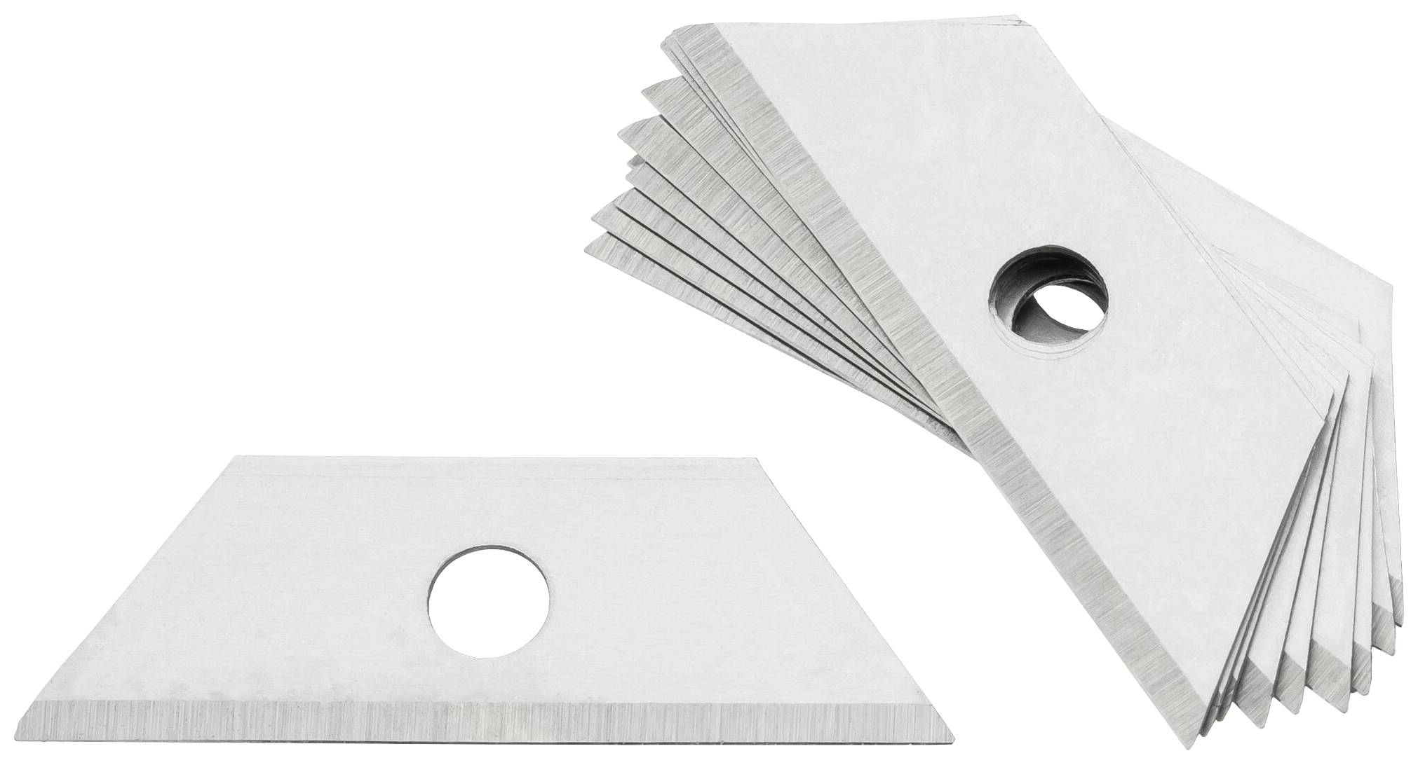 Flera trapetsformade reservblad av metall med cirkulär öppning i mitten, staplade bredvid varandra på vit bakgrund.