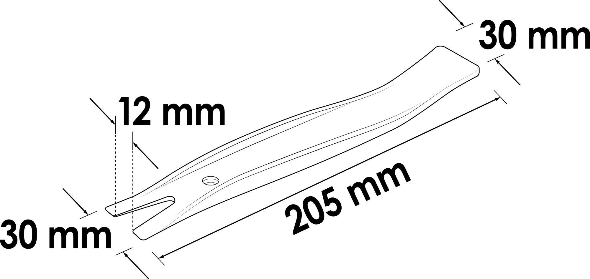 Illustration av ett verktyg med dimensionerna: 205 mm längd, 30 mm bredd och en höjd på 12 mm.