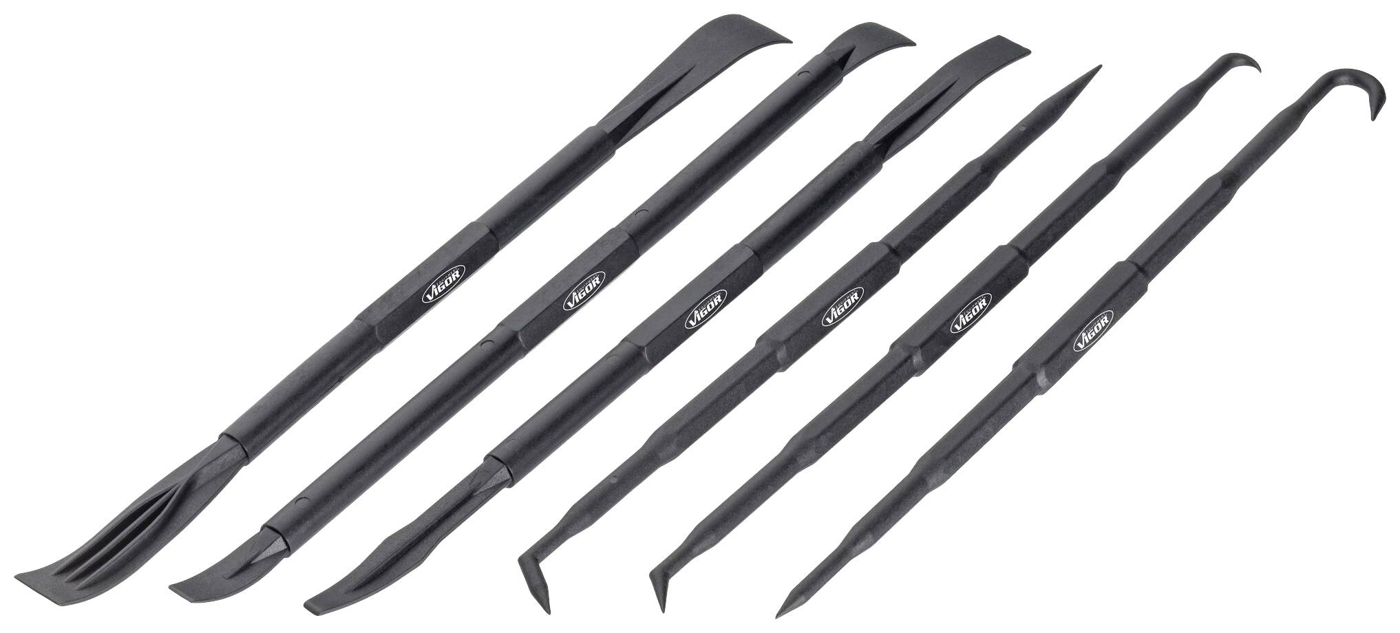 Sex svarta plastspakverktyg i olika former och storlekar, idealiska för att avlägsna bilpaneler och små fordonsdetaljer.