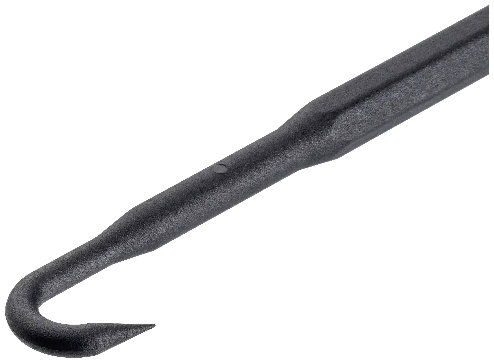 En svart metallkrok med en spetsig ände, som ofta används inom bil- eller hantverksindustrin för att gripa eller dra.