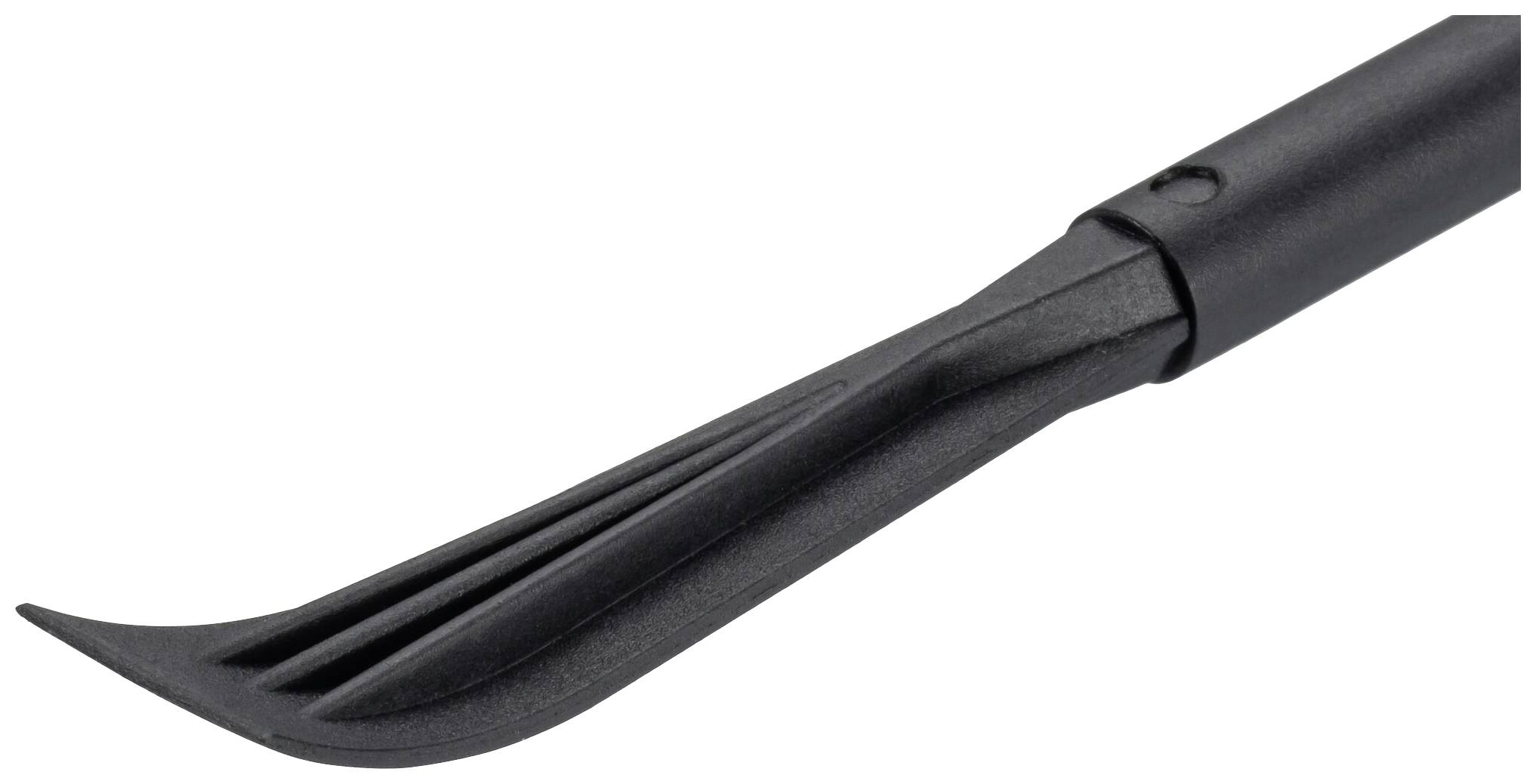 Ett svart plastverktyg med böjd ände och räfflad yta, användbart för precisionsarbeten eller rengöringsuppgifter.