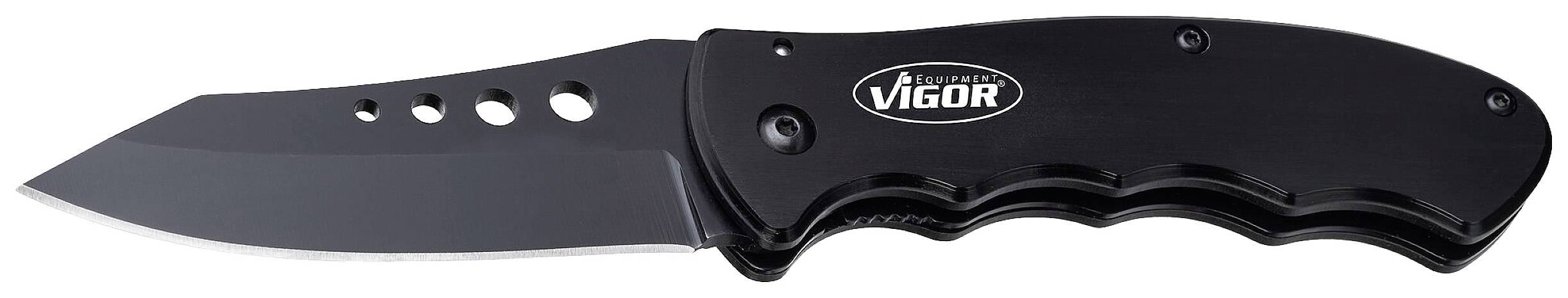 Svart fällkniv med vågig skaftdesign och flera hål på bladet, med logotyp och inskription 'VIGOR' på skaftet.