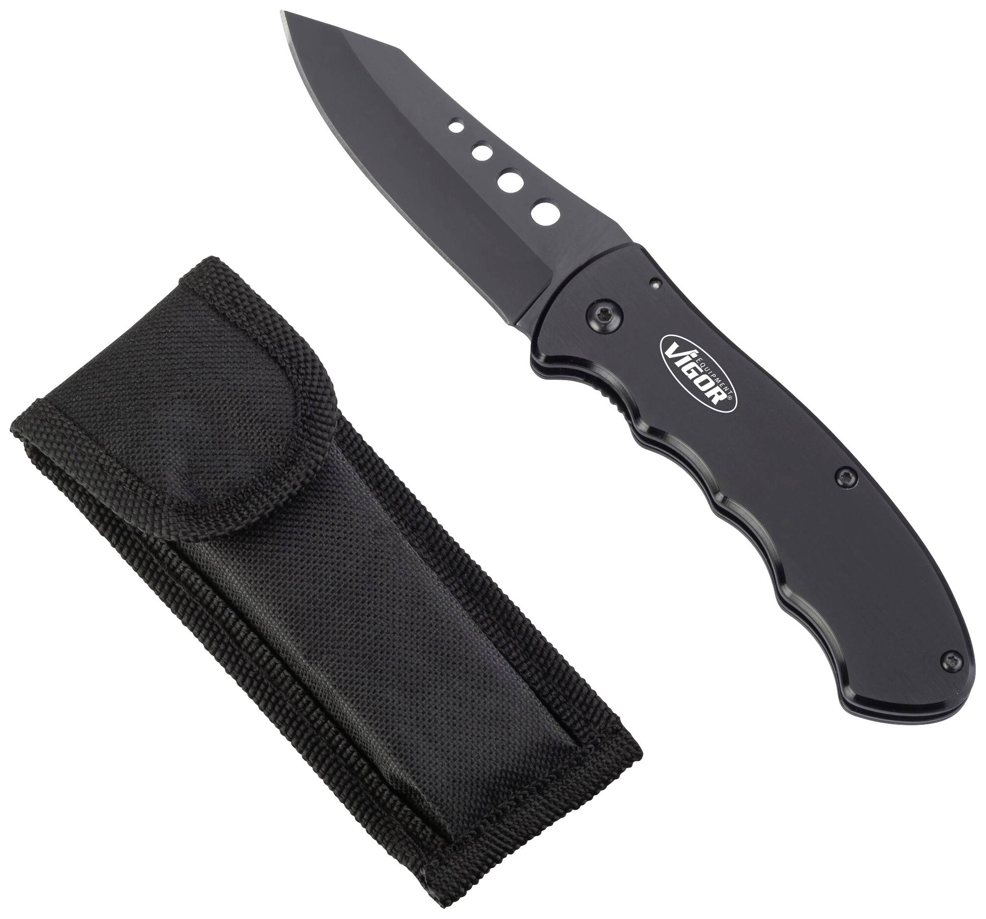 Svart fällkniv med slät handtag och blad med hål, bredvid en svart tygpåse för förvaring.