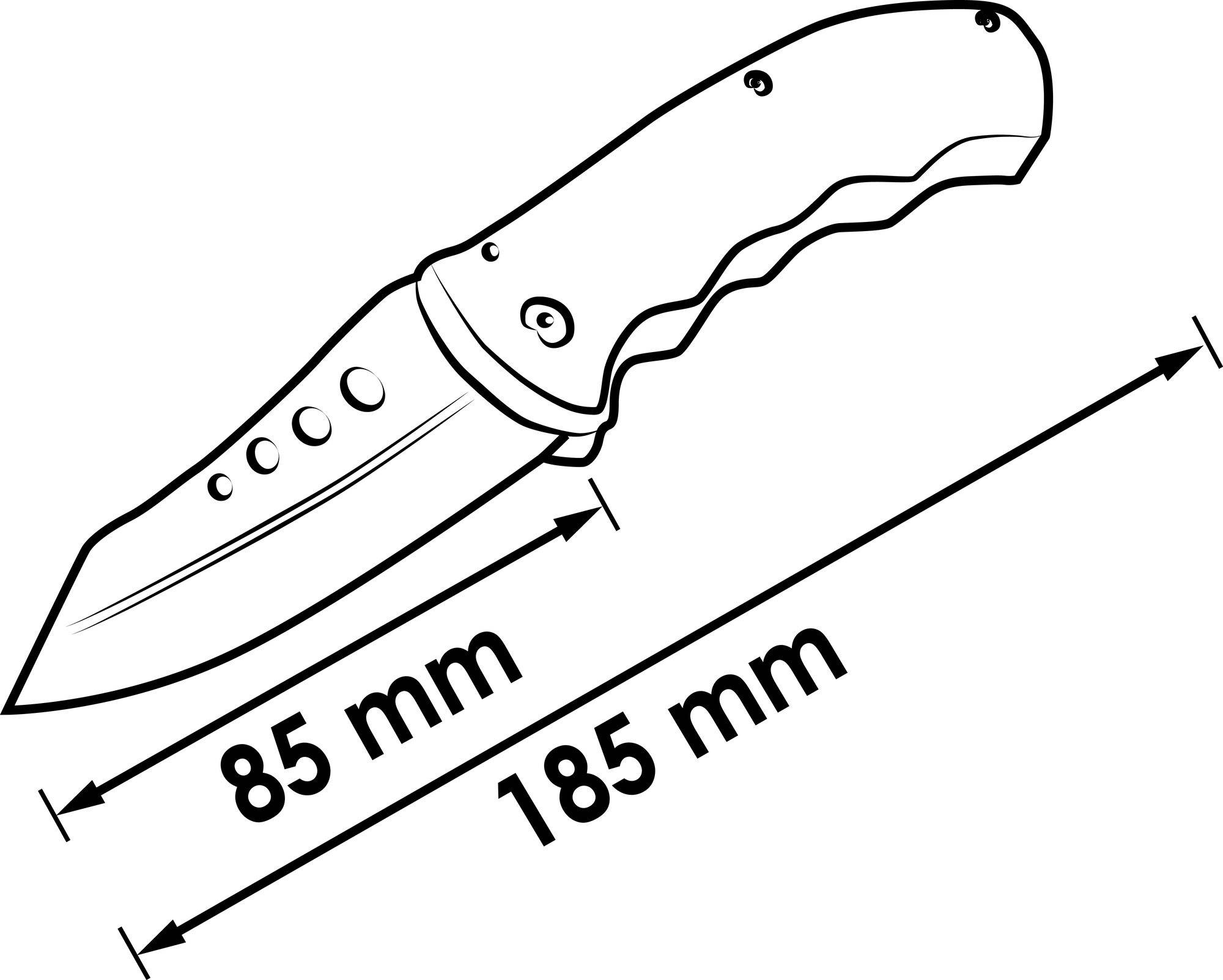 Klappmesser-diagram visar klinglängd '85 mm' och total längd '185 mm'.