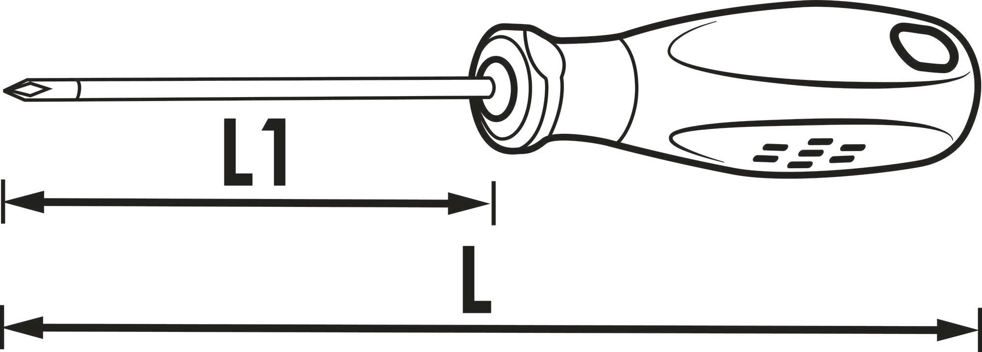 Skruvmejseldiagram visar längd 'L' från handtagets ände till spetsen och längd 'L1' från handtagets början till spetsen.