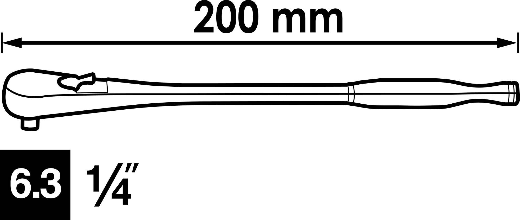 Spärrhandtag med hävmekanism, 200 mm lång, med 1/4-tums anslutningsindikator.