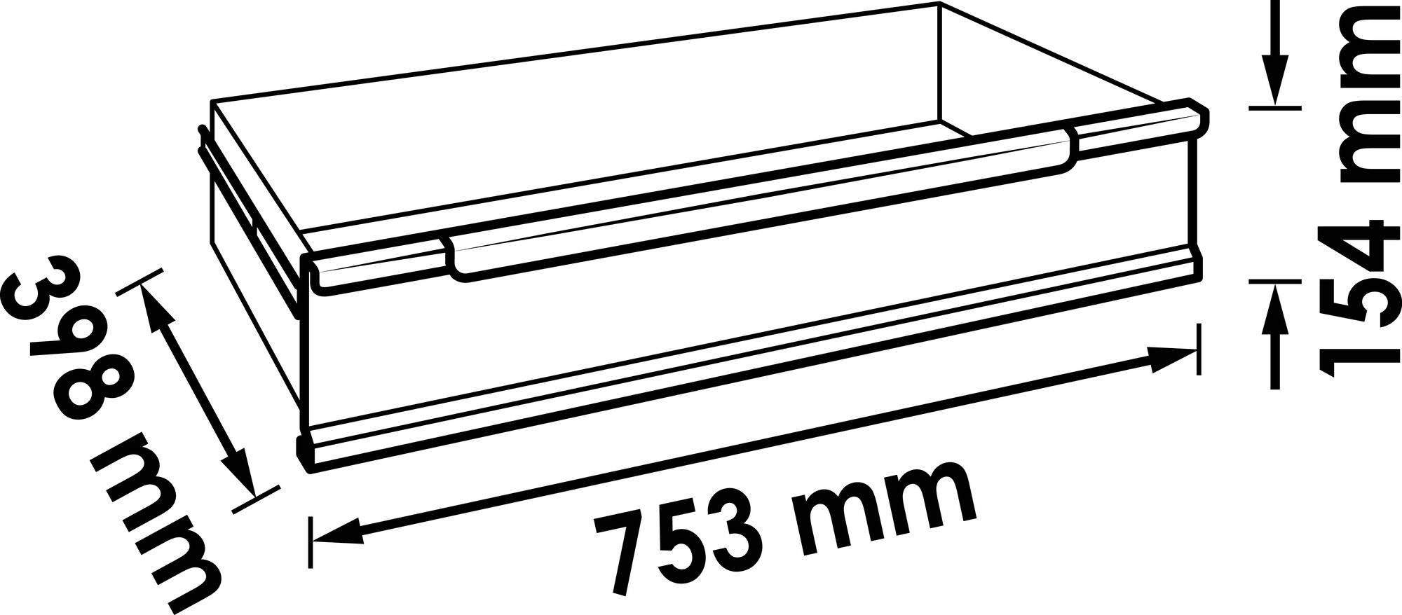 Illustration av en rektangulär behållare med måtten: bredd 753 mm, djup 398 mm, höjd 154 mm.