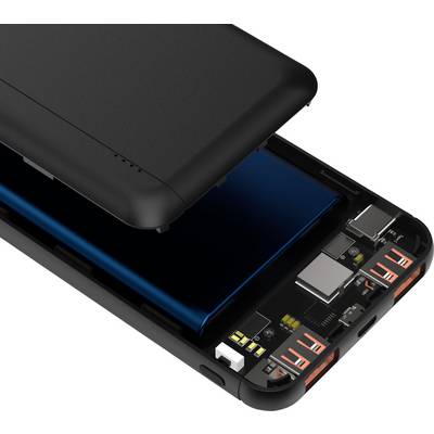 Smarttelefon med borttagen baksida visar interna komponenter som batteri och kretskort.
