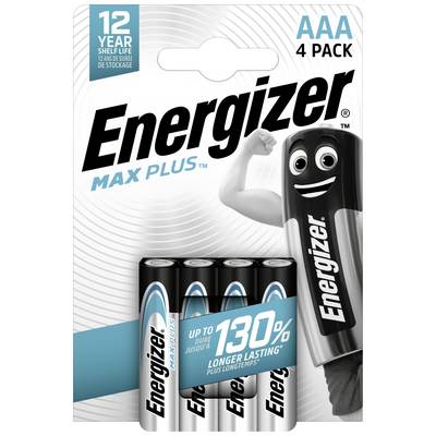 Fyra AAA Energizer Max Plus-batterier i förpackning. Varumärkestext överst, karakteristisk batteriform; reklam för längre livslängd.