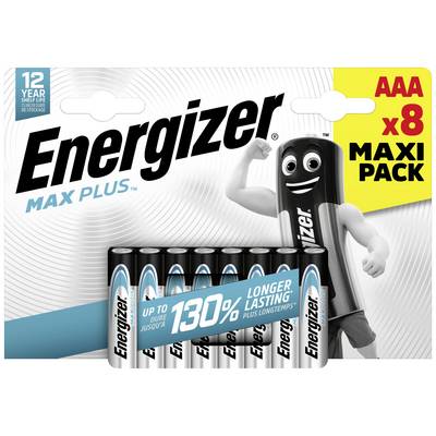 Åtta AAA-batterier Energizer Max Plus i en förpackning. Förpackningen lovar 130% längre livslängd. Hållbar i 12 år.