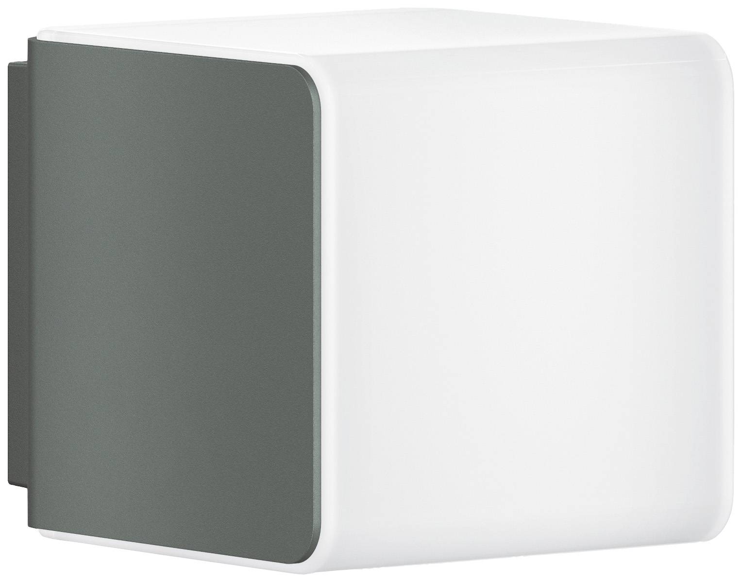 Kubformad vägglampa med grå baksida och vit, genomskinlig framsida. Elegant och minimalistisk.
