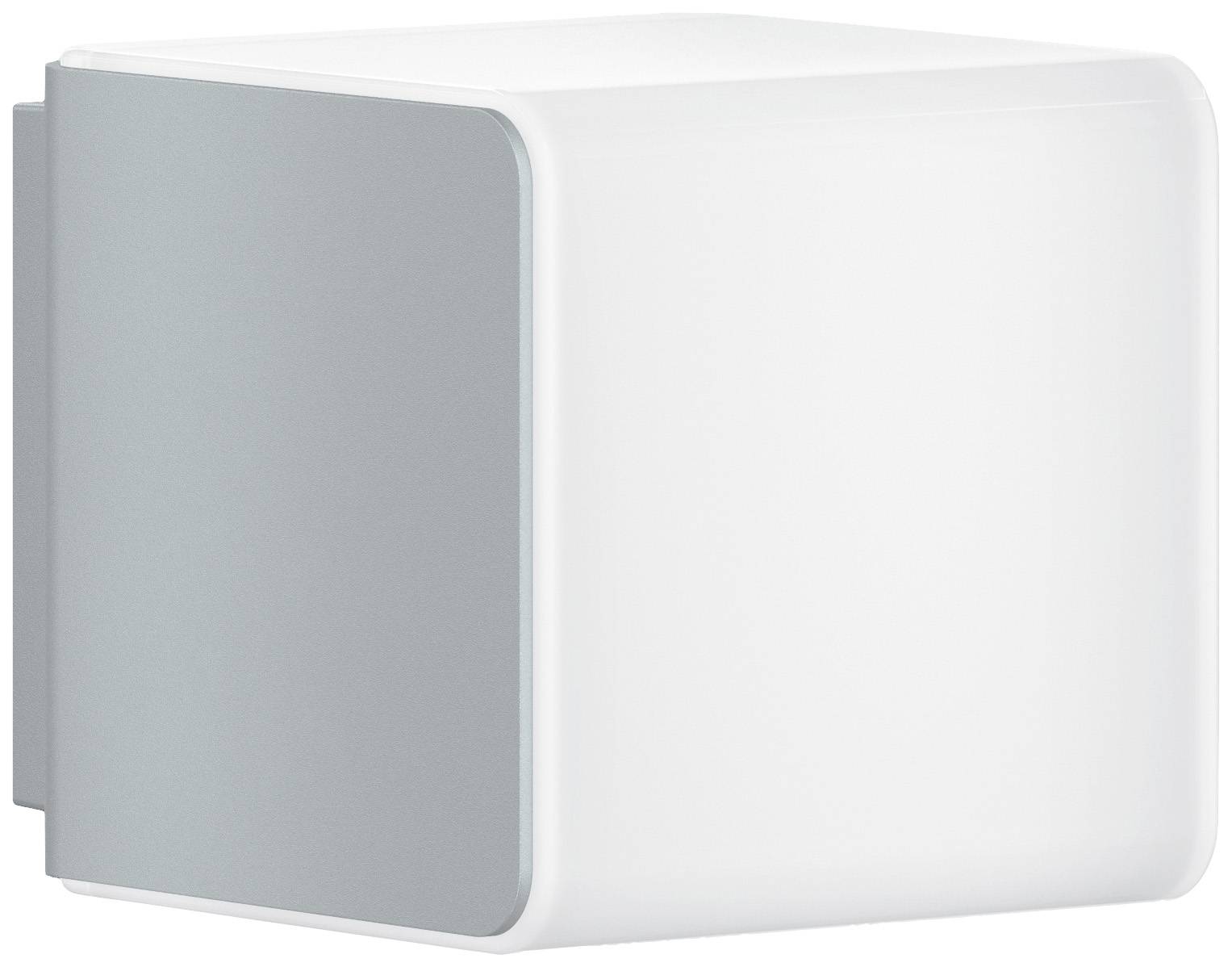 Vägglampa i kubisk form med grå sidoyta och vitt upplyst front. Modernt design, lämplig för inomhusbelysning.