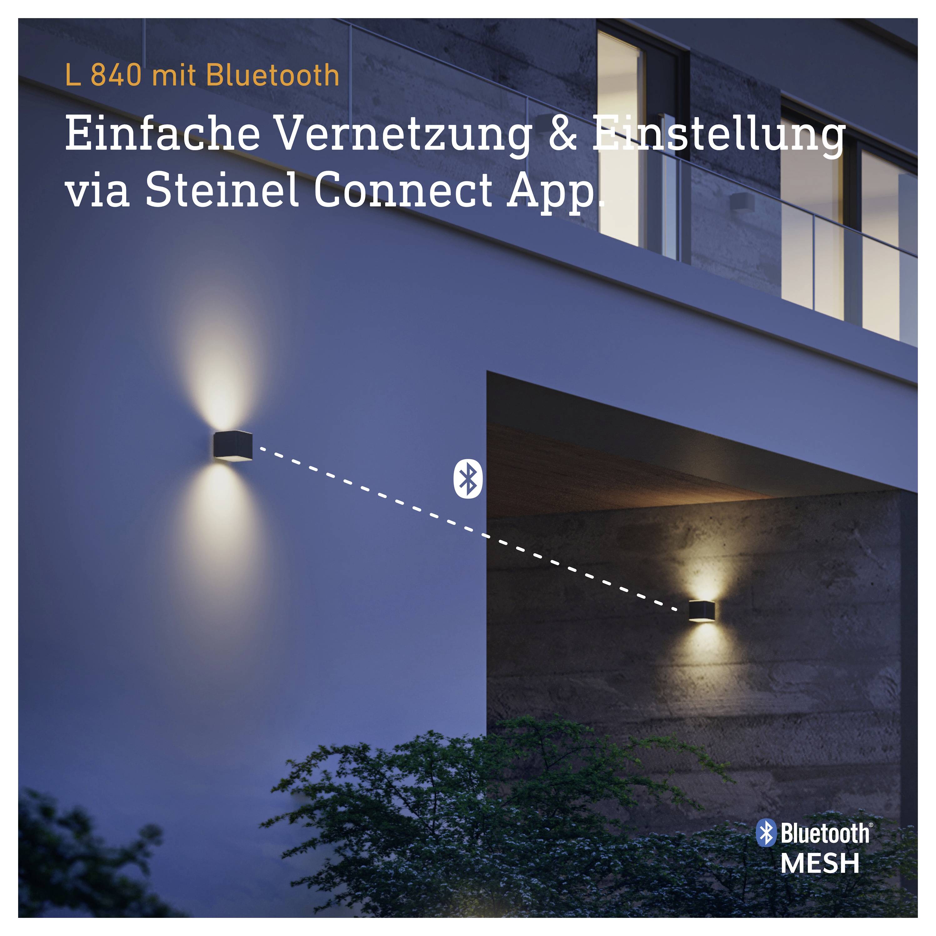 Reklamgrafik för "L 840 med Bluetooth": två utomhusbelysningar kopplas enkelt samman och justeras via Bluetooth Mesh och "Steinel Connect App".