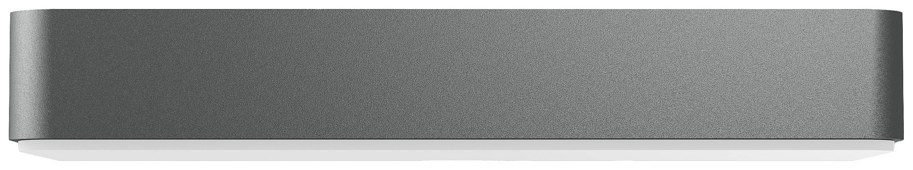 Grå, rektangulär soundbar med avrundade kanter, sedd framifrån.
