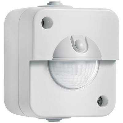 En vit rörelsedetektor med en sensor i mitten, monterad i ett kvadratiskt hölje med avrundade hörn.