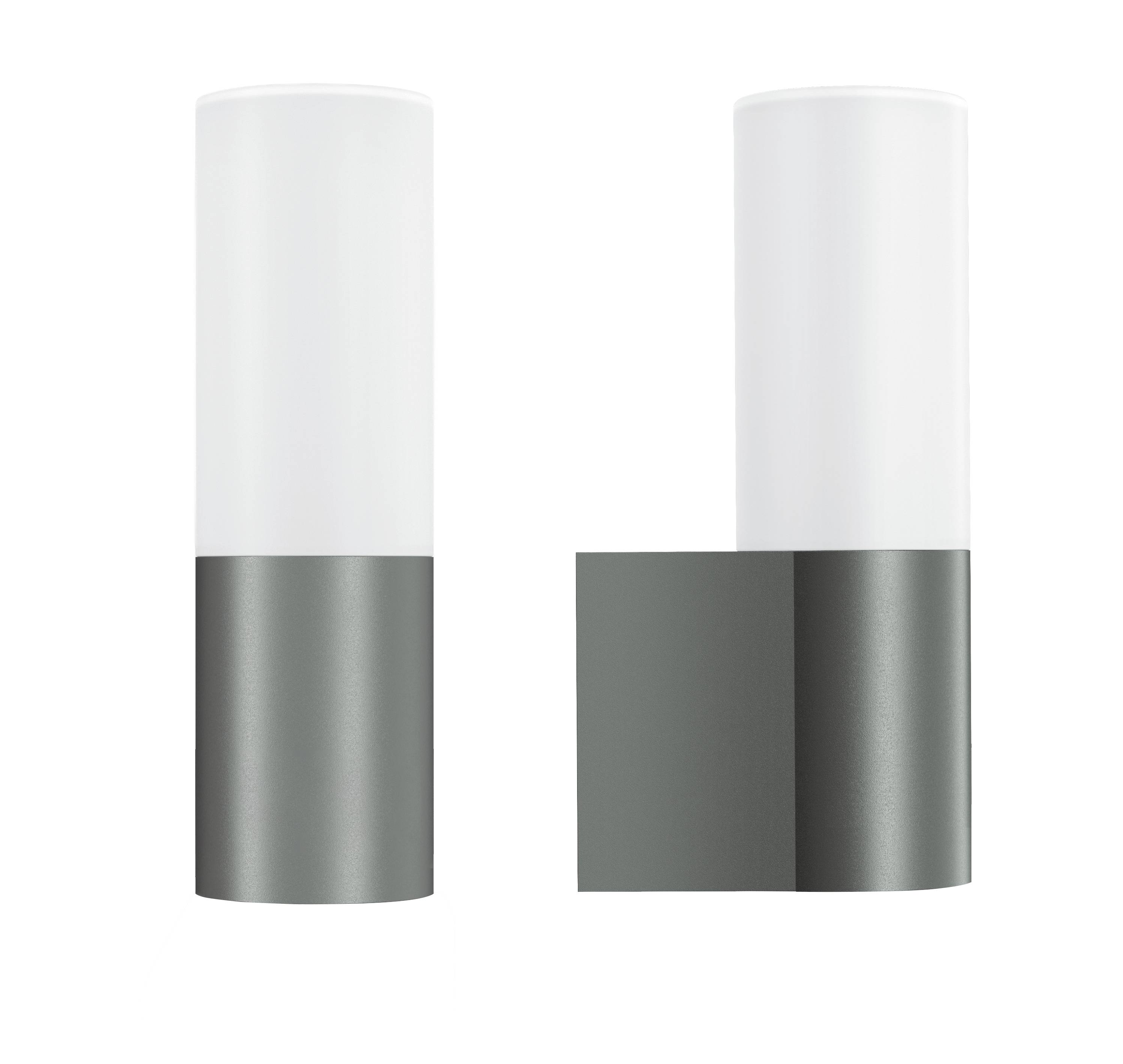 Två produktvyer av en cylindrisk skönhetsartikelbehållare med vit topp och metallisk grå bas, visad upprätt på vit bakgrund.