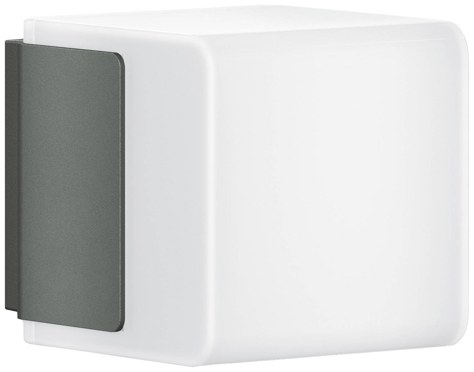 Vit, kubformad vägglampa med ett mörkgrått fäste på sidan. Modernt design för inom- eller utomhusbruk.