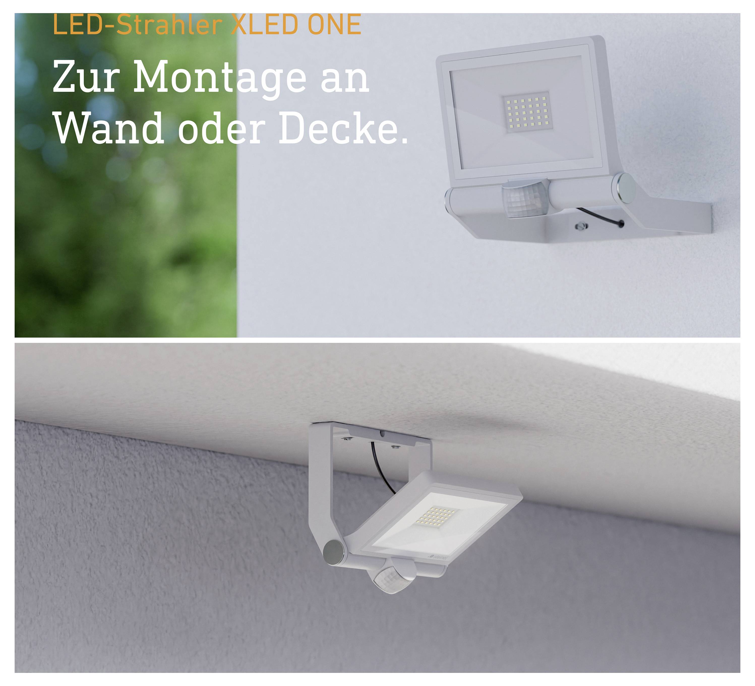 LED-strålkastare XLED ONE för montering på vägg eller tak, visad i två installationsexempel på vägg och tak.