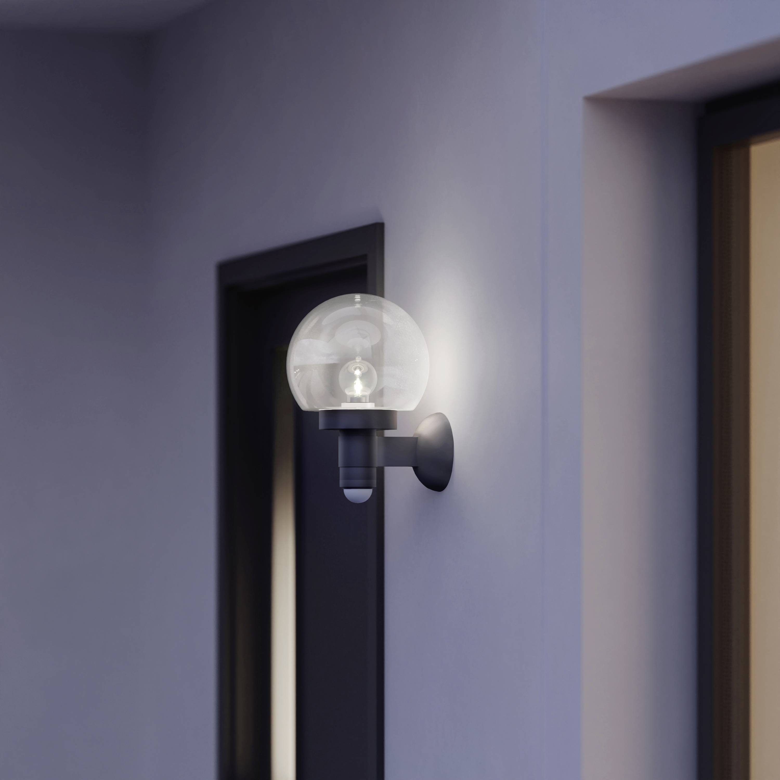 Vägglampa med glaskula i en korridor, monterad på en lila vägg. Mörk dörr i bakgrunden.