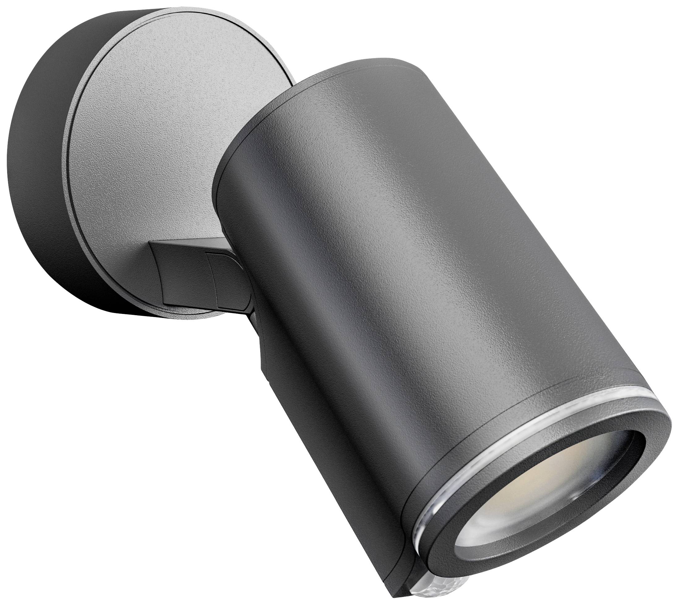 Grå, cylindrisk LED-utomhusvägglampa med justerbart strålhuvud, monterad på en rund sockel. Perfekt för fasadbelysning.