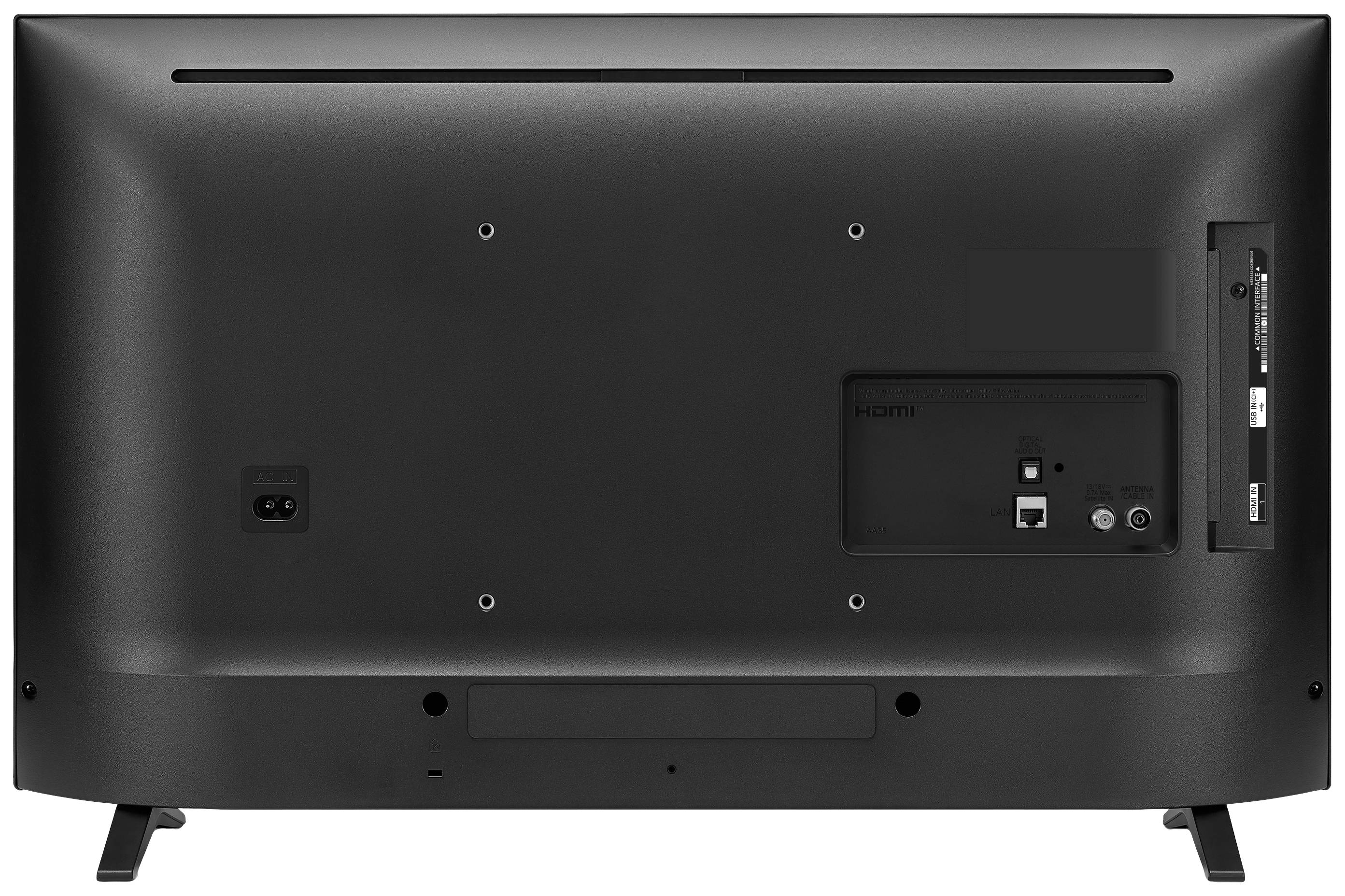 Baksidan av en TV med anslutningar: HDMI, Ethernet och strömuttag. Platt design, svart färg.