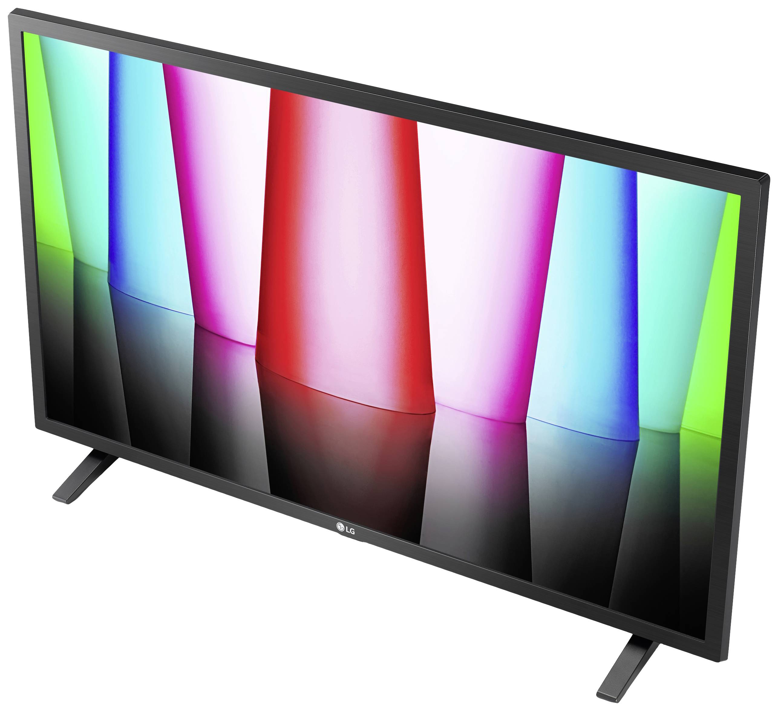 En platt-TV med en färgglad, vertikalt randig bakgrund i blått, grönt, rött och rosa.