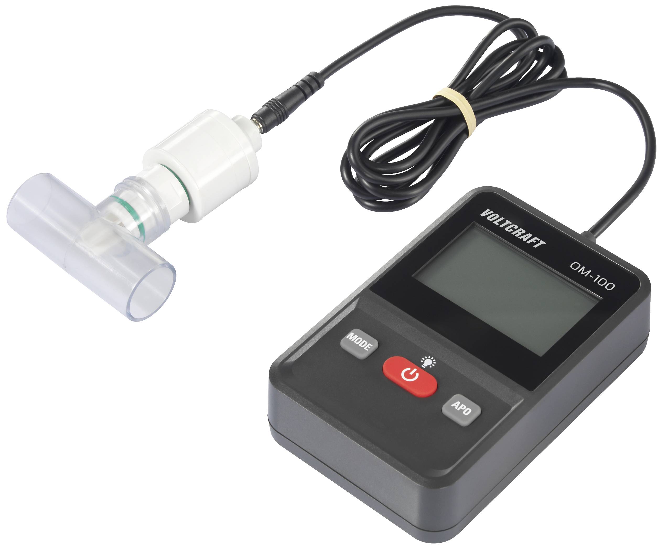 En digital volymflödesmätare med display och sensorenhet, förbundna genom en kabel, för mätning av luftflöde.