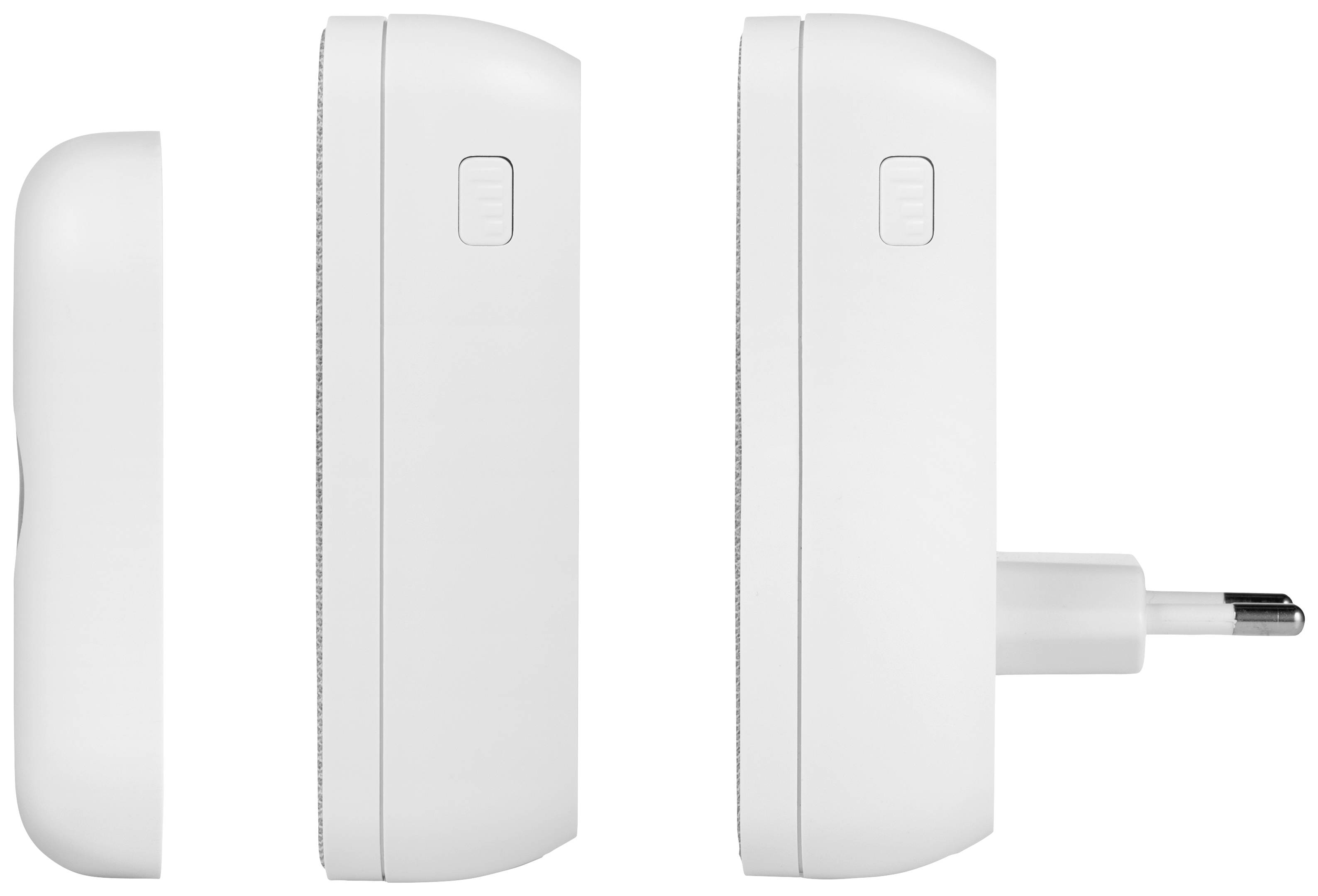 Två vita elektroniska enheter bredvid varandra, en med en nätadapter. Båda har en knapp på sidan.