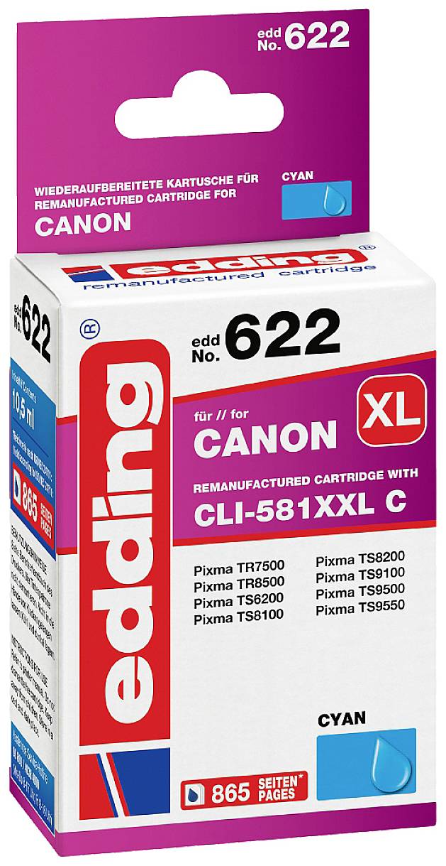 Canon bläckpatron edding 622 i Cyan, XL-storlek. Kompatibel med Canon TR och TS-modeller. 865 sidor kapacitet.