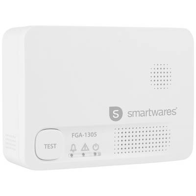 En rektangulär, vit gasdetector med högtalargaller, testknapp och LED-lampor från märket 'smartwares', modell FGA-1305.
