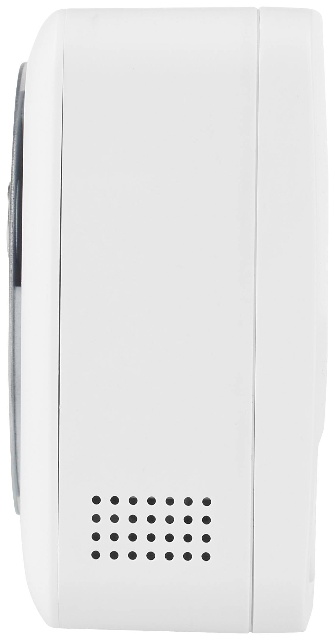 Vit elektronisk väggfäste, sedd från sidan. Små ventilationsspringor längst ner. Funktion och märke går inte att urskilja.