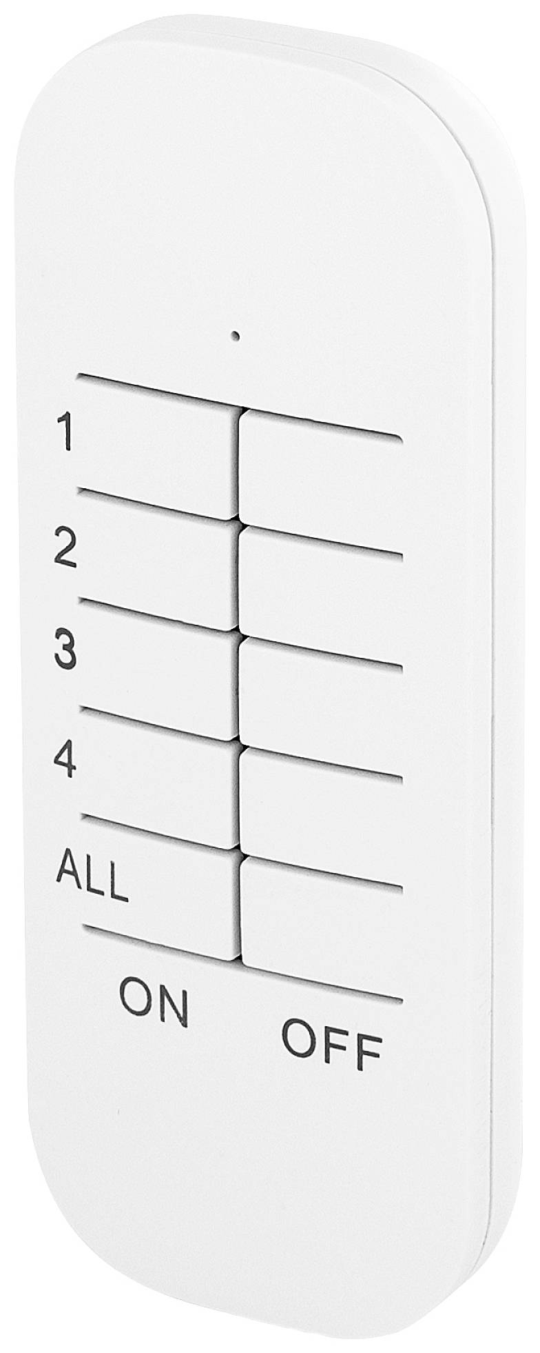 En vit fjärrkontrollströmbrytare med sju knappar, numrerade från 1 till 4, med 'ALL', 'ON' och 'OFF' längst ned.