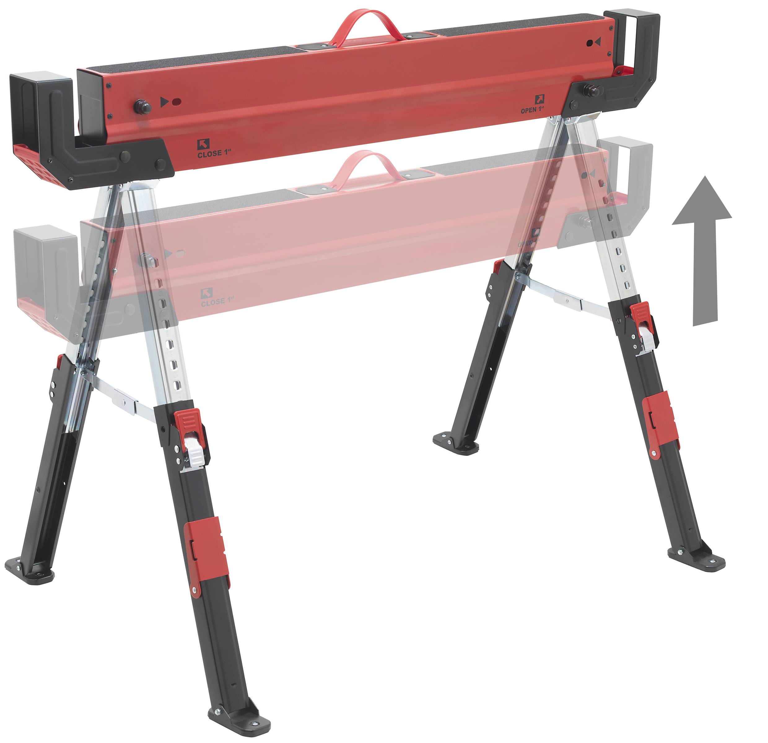 Ett höjdjusterbart, röd-svart vikbart såställ, visat i två positioner: ihopvikt och uppfällt.