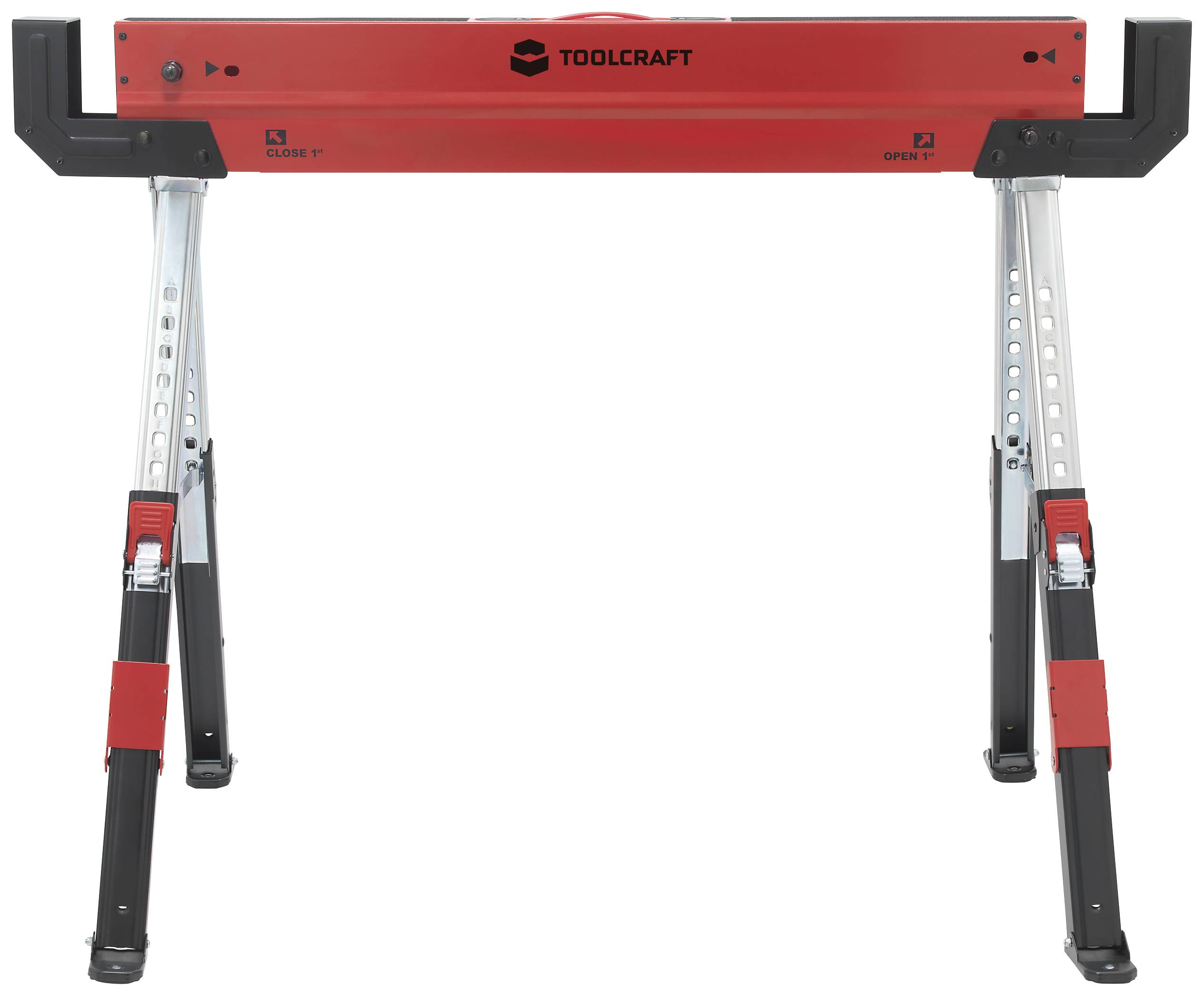 Röd och svart hantverksställning från Toolcraft, med justerbara ben och vikningsfunktion, står uppställd.