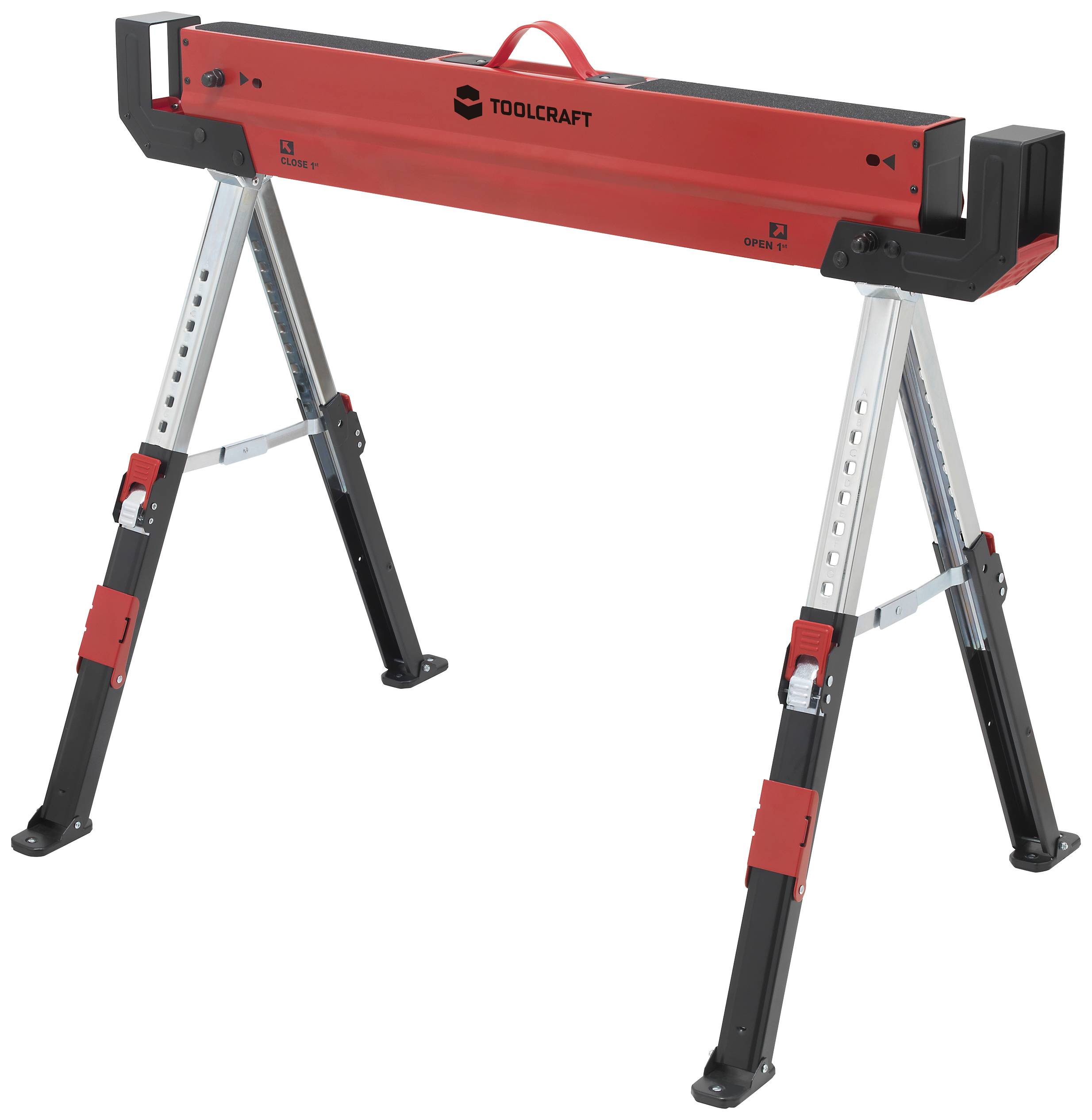 En justerbar snickararbetsbock med röda och svarta accenter. Robust metallram med höjdjustering för verkstadsarbeten.