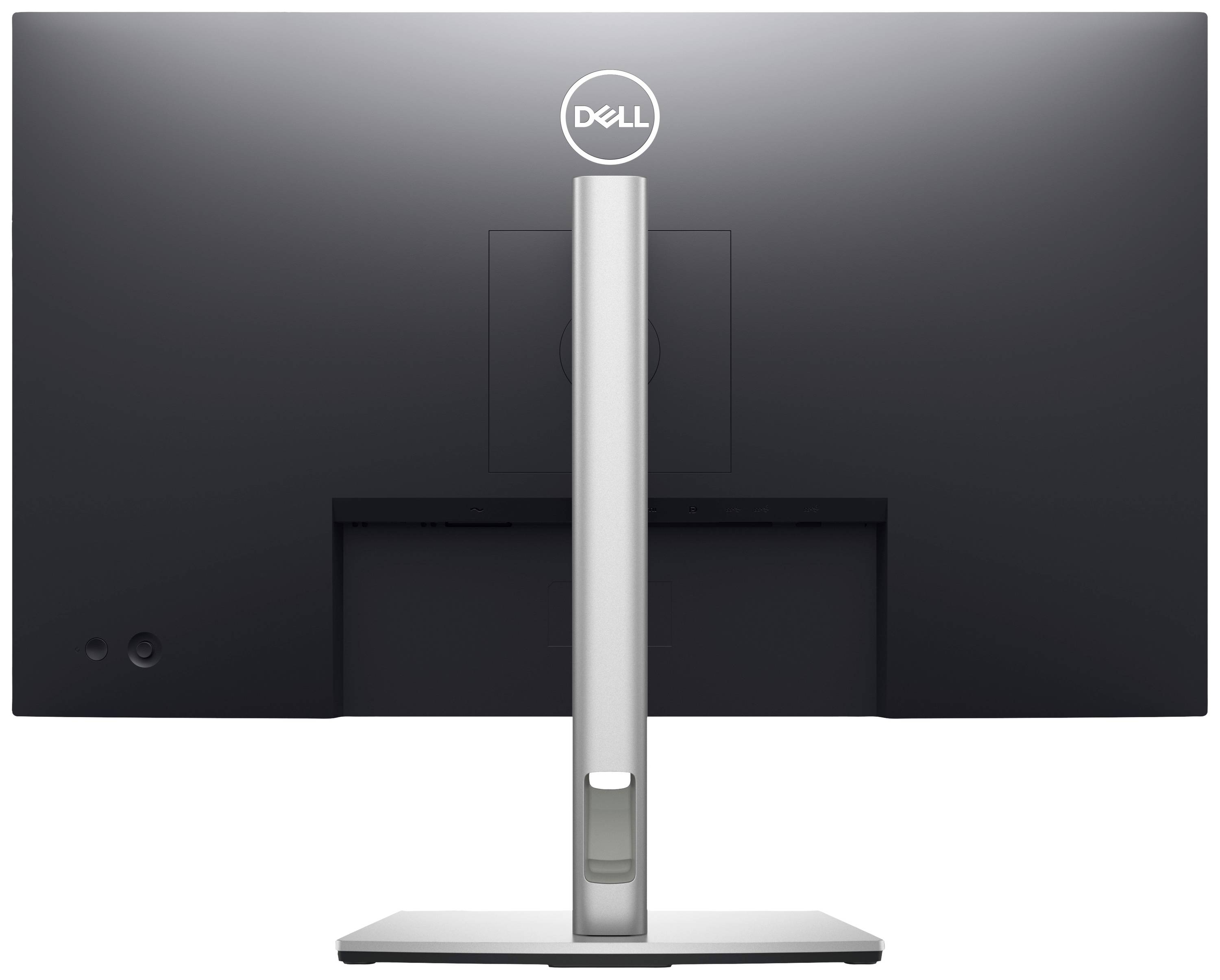 En monitor sedd bakifrån med ett silverfärgat stativ och Dell-logotypen högst upp på baksidan.