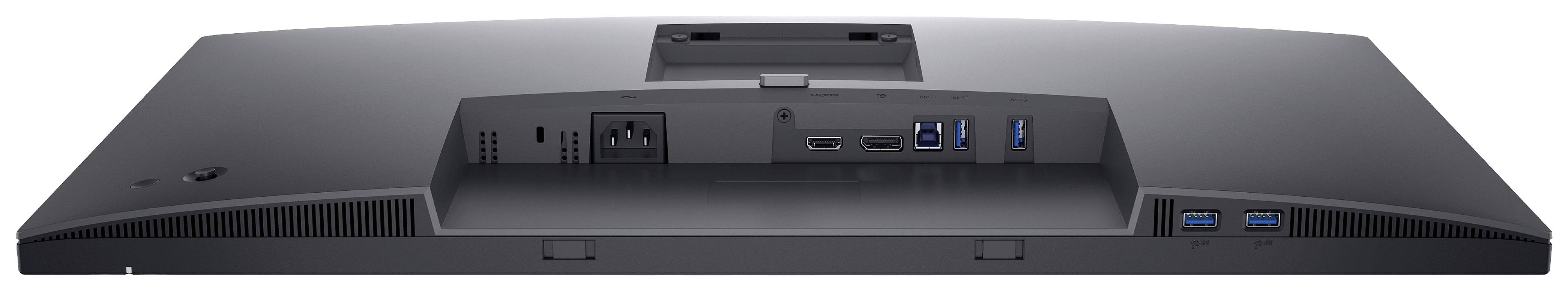 Bakifrån av en datorskärm med flera anslutningar: HDMI, DisplayPort, USB och nätadapter.